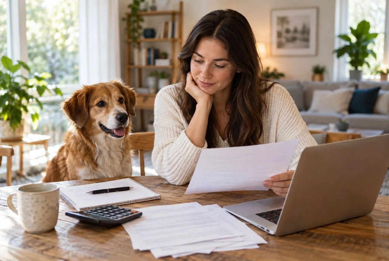 Owner reviewing papers beside a golden-colored dog and a laptop